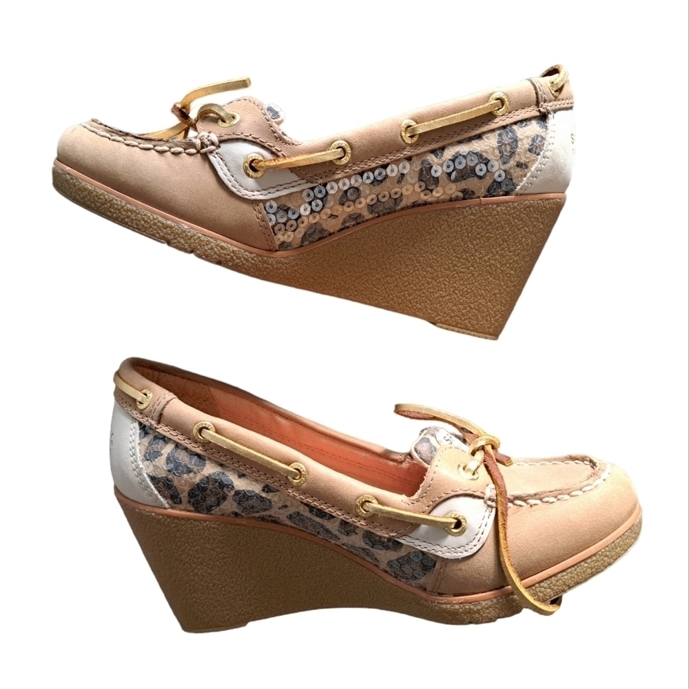 Sperry Top-Sider leather upper Boat Shoes Wedge Heels Tan Leopard Gold rivets 6